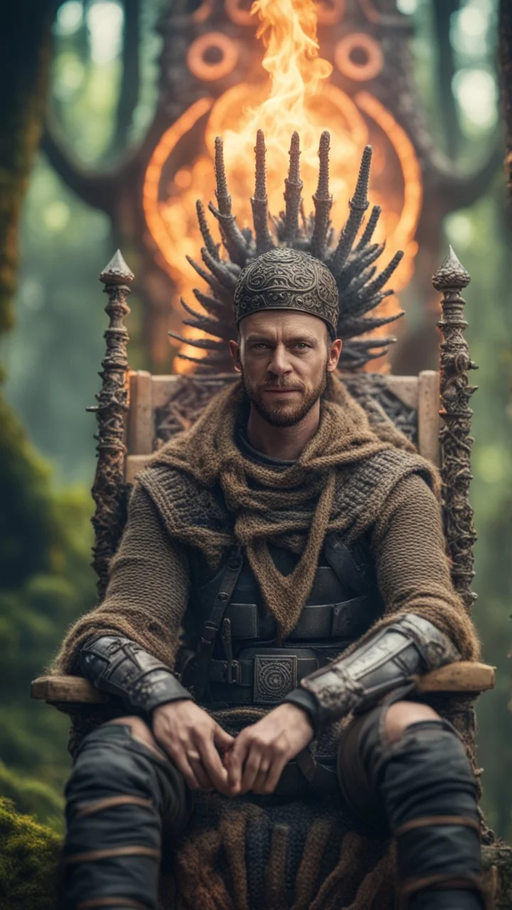 close up portrait of a happy blessed ancient magical king mad max soldier posing for foto shoot on a throne, holding a burning sceptre, in a space alien mega structure with stairs and bridges woven into a sacred geometry knitted tapestry in the middle of lush magic forest, bokeh like f/0.8, tilt-shift lens 8k, high detail, smooth render, down-light, unreal engine, prize winning