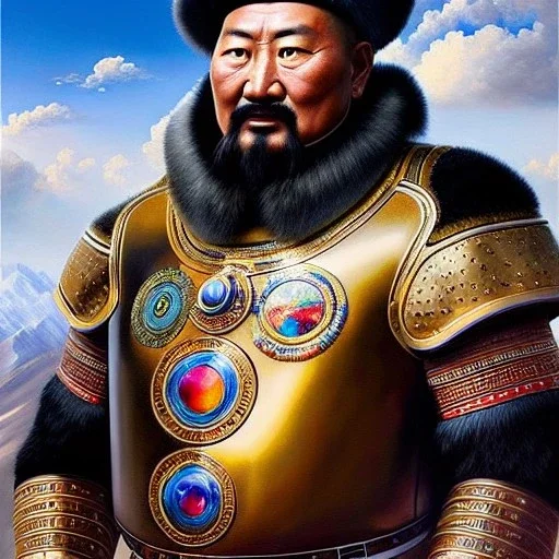 Ultra detailed fullbody Portrait in oil on canvas of Genghis Khan with armor,helmet,extremely detailed digital painting,ultrarealistic skin,intense stare, extremely detailed face, crystal clear eyes, mystical colors ,perfectly centered image, perfect composition, rim light, beautiful lighting,masterpiece ,8k, stunning scene, raytracing, anatomically correct, in the style of Simon Bisley and Ohrai Noriyoshi and robert e howard and Steve Jung and Wizyakuza and uncannyknack.