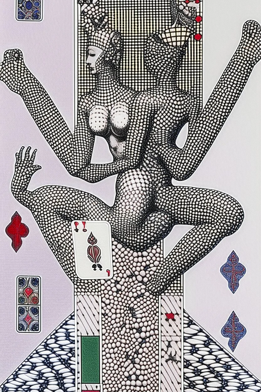 combinatie Miro si Cocteau, Reprezentare grafica minimal art a unei compozitii de arta reprezentand foarte detaliat carti de joc de poker avand drept motiv o statuie 3D din sarma , formalizata dupa modelul mixat a lui Dali cu Picasso în stilul combinat acuarelei moale a lui Joan Miro si cu filigran lineart minimal a lui Jean Cocteau cu Paleta de culori impresionista cu culori putine si tari. Fond alb si linii color subtiri si paralele cu umbre de hasuri incrucisat