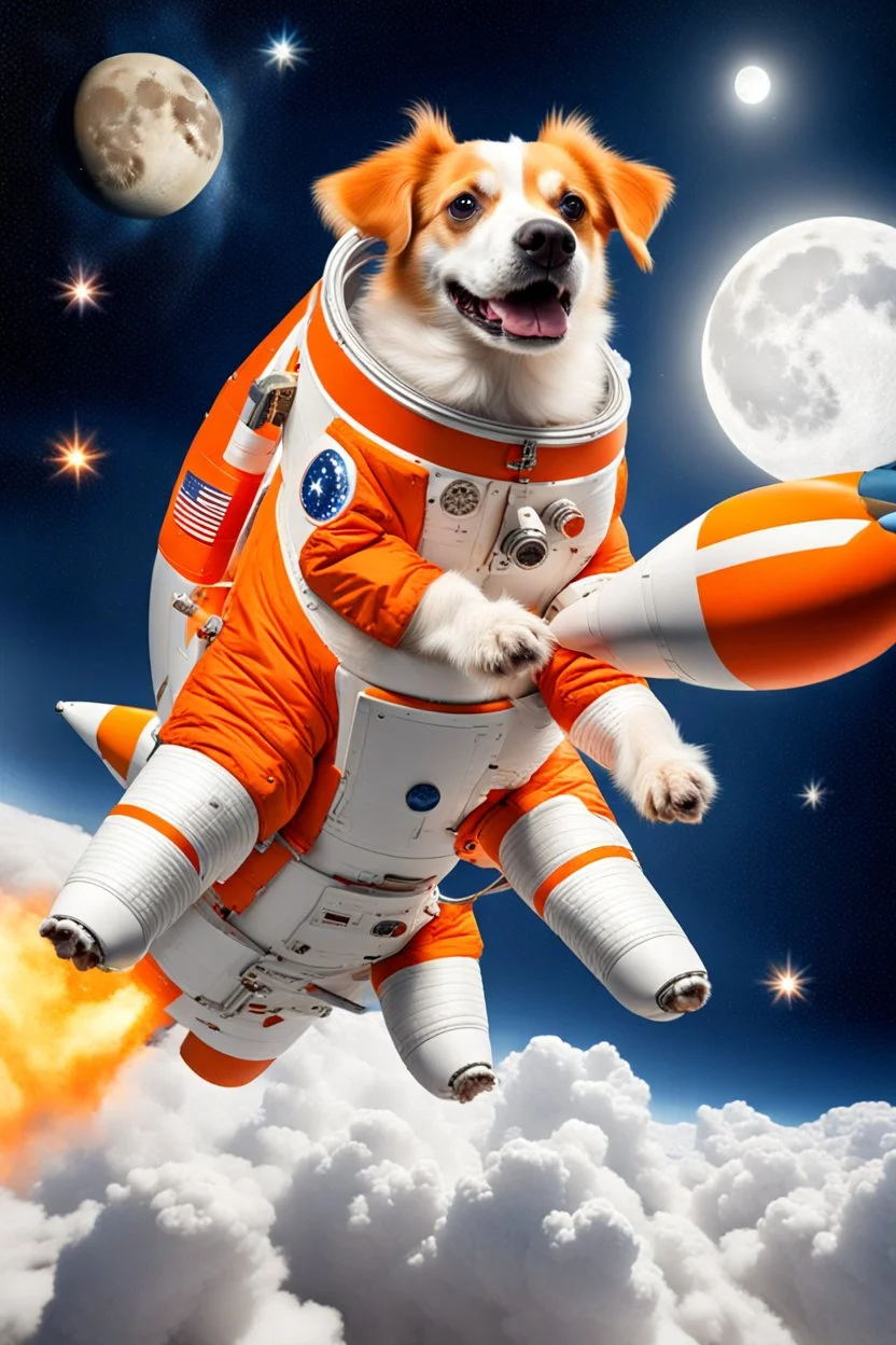 white and orange dog flies to the moon on top of the a rocket