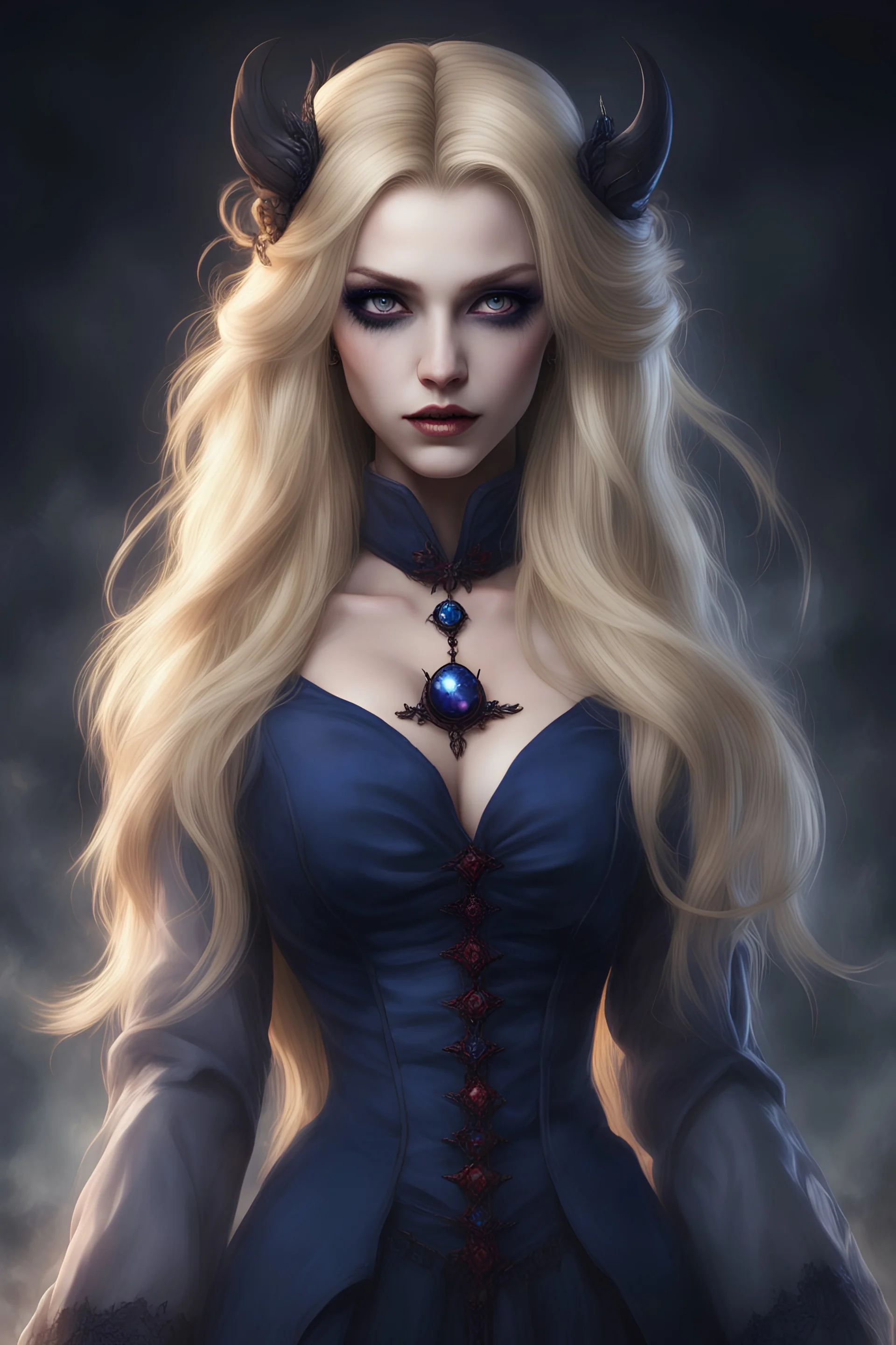 swiss female age 24 ,full body, blonde hair ,Dark sapphire blue eye CEO Vampire Tremere ,Casting a Ritual spell