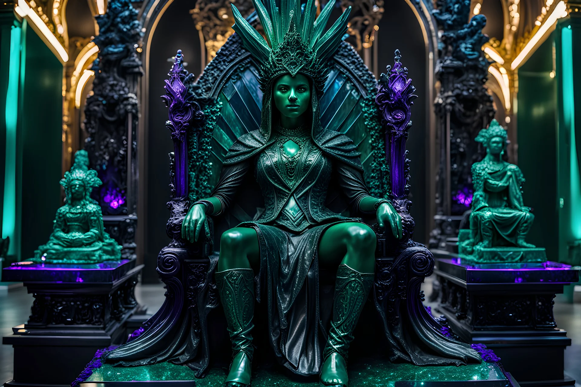 Highly detailed shot of a dark living statue made of emerald obsidian, amethyst obsidian and space material. Sitting position on a throne, an eerie scene, surrounded by mysterious relics that harmonize with the main figure, a stunning sculpture of a unique creature, Radiant eyes ..A dazzlingly enchanting neon jungle, alive with iridescence and allure, its vibrant colors evoking a sense of otherworldly beauty. by alex1shved The main subject is a lush, dense forest filled with neon-hued flora and