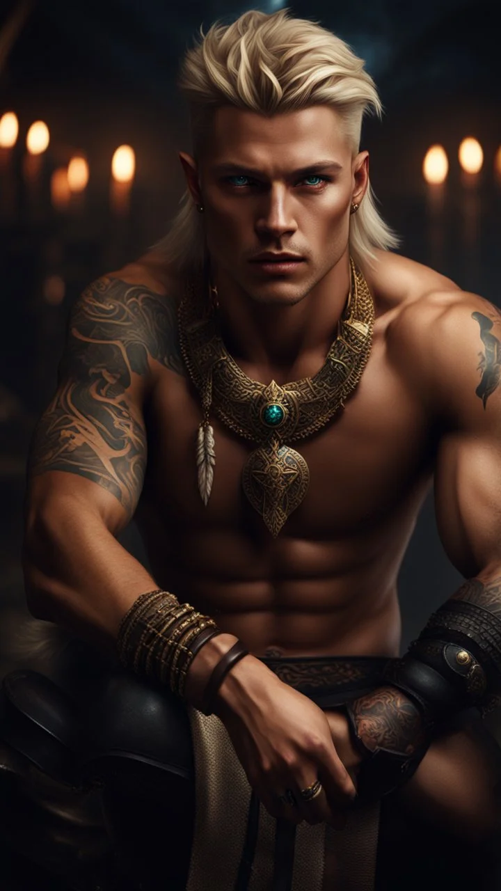 warriorking, blonde, male, tan skin, tattoos, jewels,photorealistic 4k dark fantasy