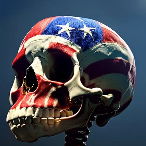 a picture of a dark, comedic, anatomically correct wall of red white and blue tightly packed stacked skulls of varying sizes and expressions, photo realistic, insanely meticulous, highly detailed, part of a collection of bones on display, 64k, dystopian, vray, anatomically correct