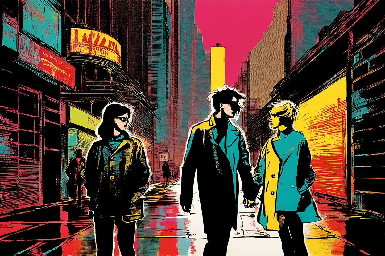 classic painting of a cyberpunk colourful walkway with two people making an exchange in the city with pollution by andy warhol