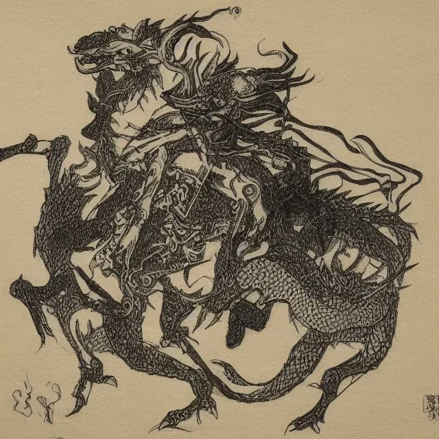 hand drawn single line , black and white , knight on the horse charging a dragon with lancet