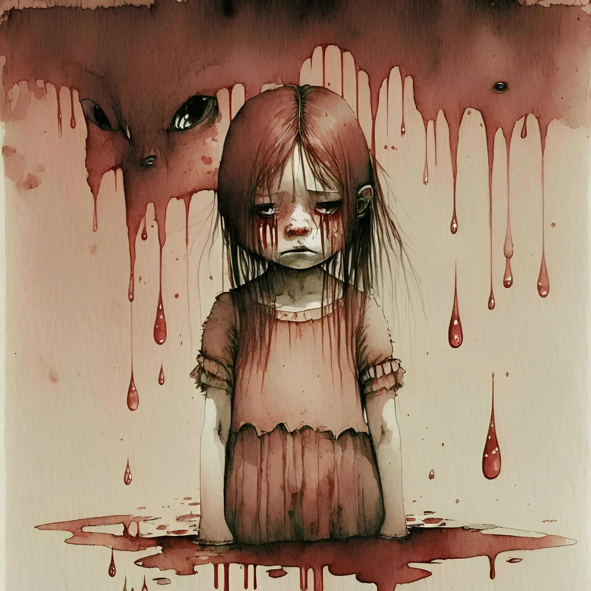 body anormal, cry blood, girl cute, watercolor illustration by <John Kenn Mortensen>, darkred tones,