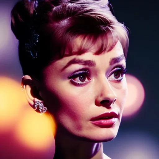 Audrey Hepburn has glow effect. She has beautiful eyes, Her hair flies in the air. with yellow flowers for hair, closed eyes, rtx, reflection, 8k, glow, winning photography, caustics