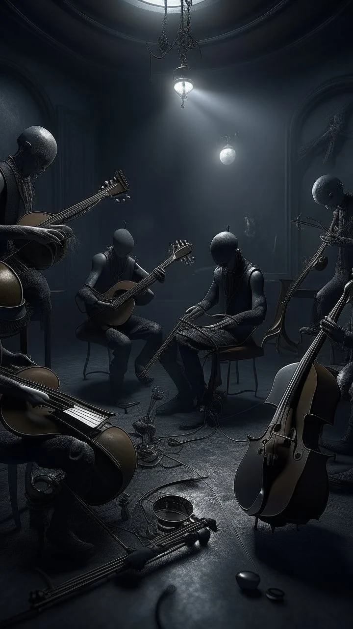 A musical band are tied to their musical instruments ,surrealism of the dark of a nightmare ten miles high and six foot deep, hyper photorealistic, hyper detailed dark art color, high resolution, fog, octane render, tilt shift, HDRI Environment, all pictures dark gray