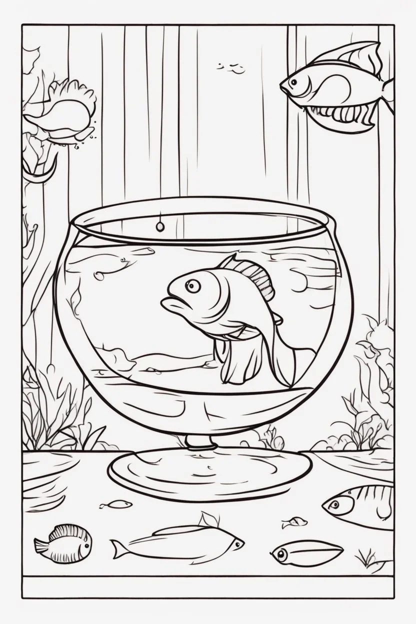 blank colouring book, white blank background, simple picture for toddlers, fish in a glass bowl, disney and pixar style