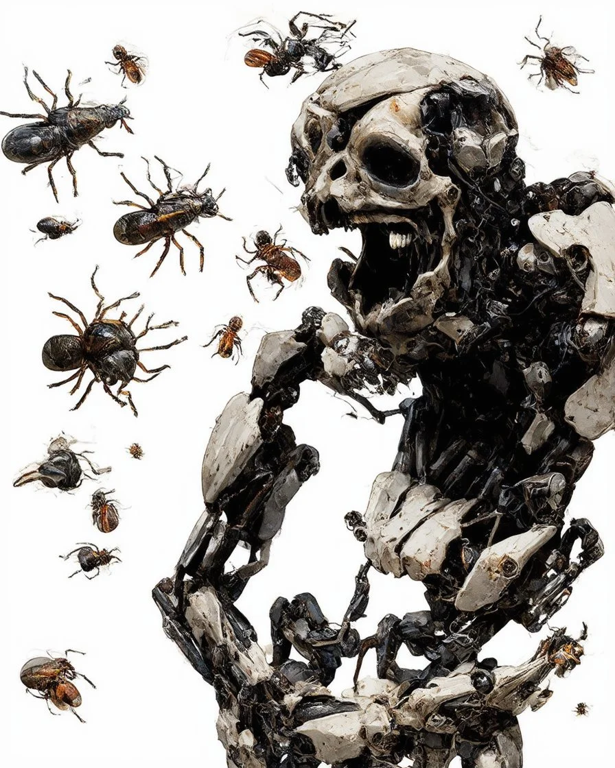 horror, swarming mechanical robotic insects, bugs, cockroaches, flies, spiders, ticks, parasites screaming person, pain, decay
