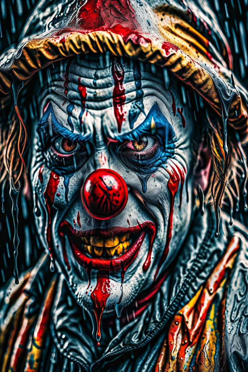 ultra detailed and highly realistic image of a gothic, scary clown, close up of him standing in the rain, the rain messed up his face makeup as it smudged of his face, chaotic, dramatic upclose view, 32k, splatter paint style