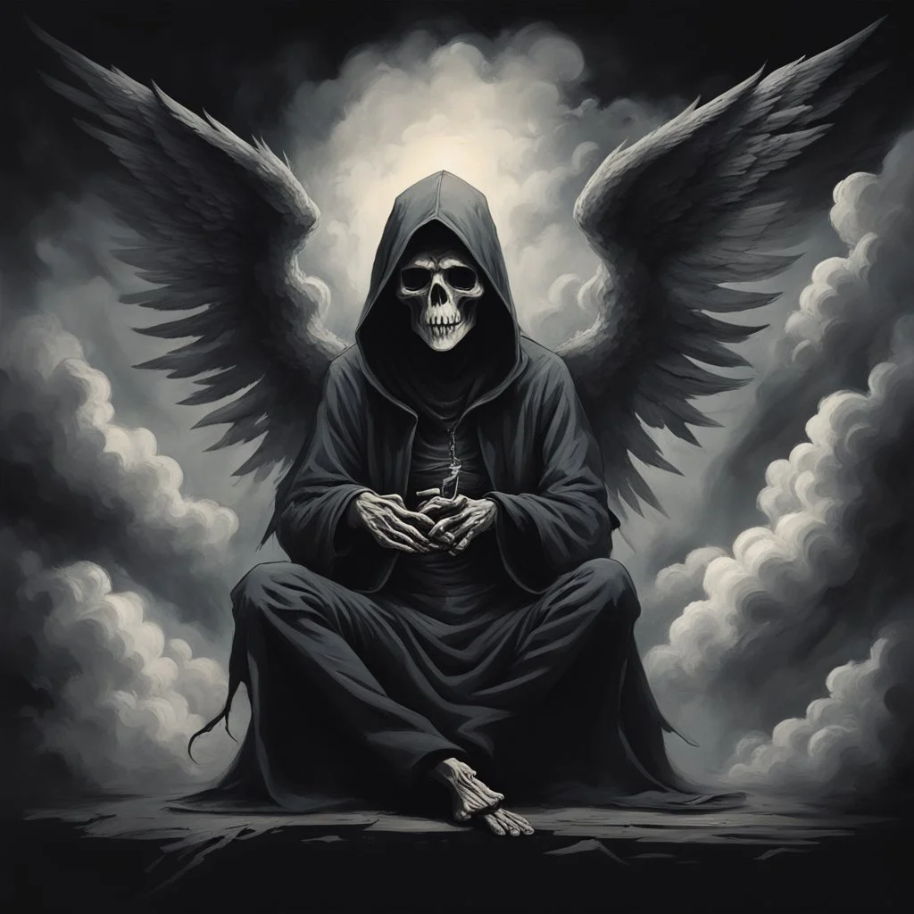 person sitting on a dark background. The dominant colors are black and gray, which give the scene an ominous and mysterious character. The person has their face turned upwards and blows cigarette smoke from their mouth, which enhances the impression of intrigue. It depicts a figure with wings emerging from its back, as if transforming into some supernatural creature. a hooded skeleton can be seen behind the clouds of smoke. he holds a scythe in one hand and a touch person in the other