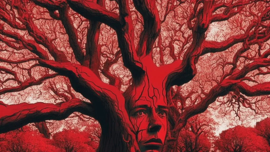 red tree, highly detailed, beautiful desktop wallpaper, comic style, many human faces on tree