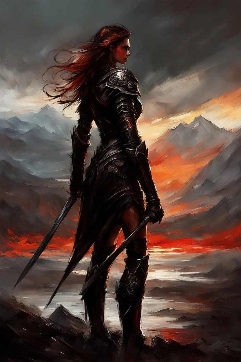 A formidable warrior girl in black armor, on the background Amazing gloomy landscape, flooded with sunset, mountains, trees, fabulous scary hero, , juicy emotions, painting, dark fantasy, bad weather, gloomy day, dark world, by Raymond Swanland & Alyssa Monks & Anna Razumovskaya