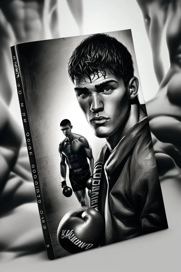 white skin man , book cover design reflecting the journey of a young, ex-boxer fighting immigrant with a heavy past and long path of challenges. The design captures his hopeful spirit amidst adversity, portrayed in a modern setting with a black and white color scheme that adds depth and emotion to his character.