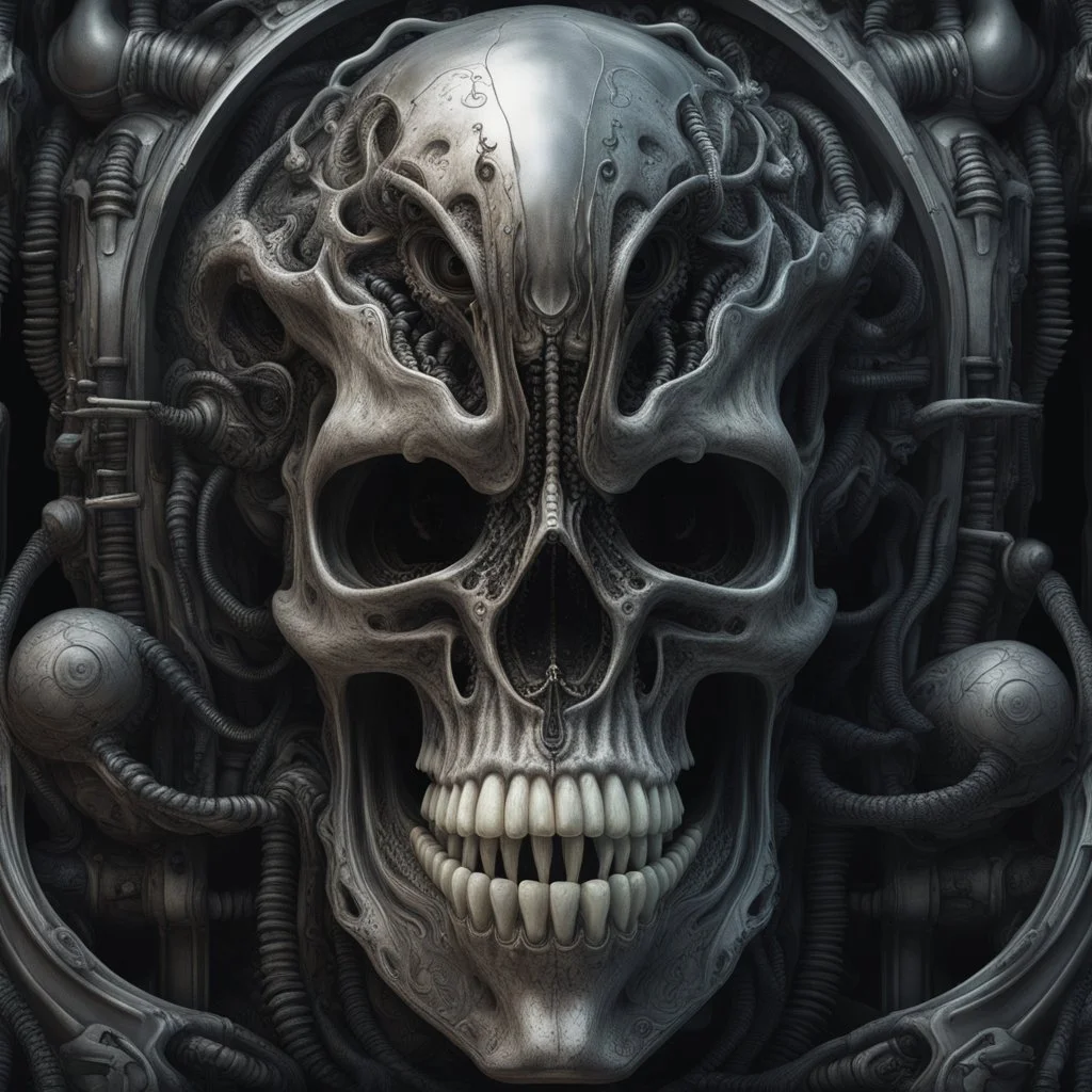 A MECHANICAL NON HUMAN SKULL AND DARK SLIMEY AND GIVING BIRTH SHARKS TEETH with a touch of H.R. Giger's biomechanical aesthetic. Hyperdetailed and rendered in 8k resolution, a true masterpiece. hyperdetailed intricately detailed Splash art action painting film noir photorealism psychedelic art telephoto lens aetherpunk horror post-apocalyptic VIVID IN COLOR well lit, high detail, photorealistic, horrorcore, fun, scary, none featured, each a different color or hue,