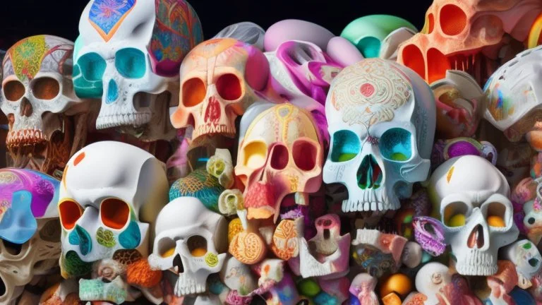 a picture of a dark, comedic, anatomically correct wall of colorful tightly packed skulls of varying sizes and expressions, photo realistic, insanely meticulous, highly detailed, part of a collection of bones on display, 64k, dystopian, vray