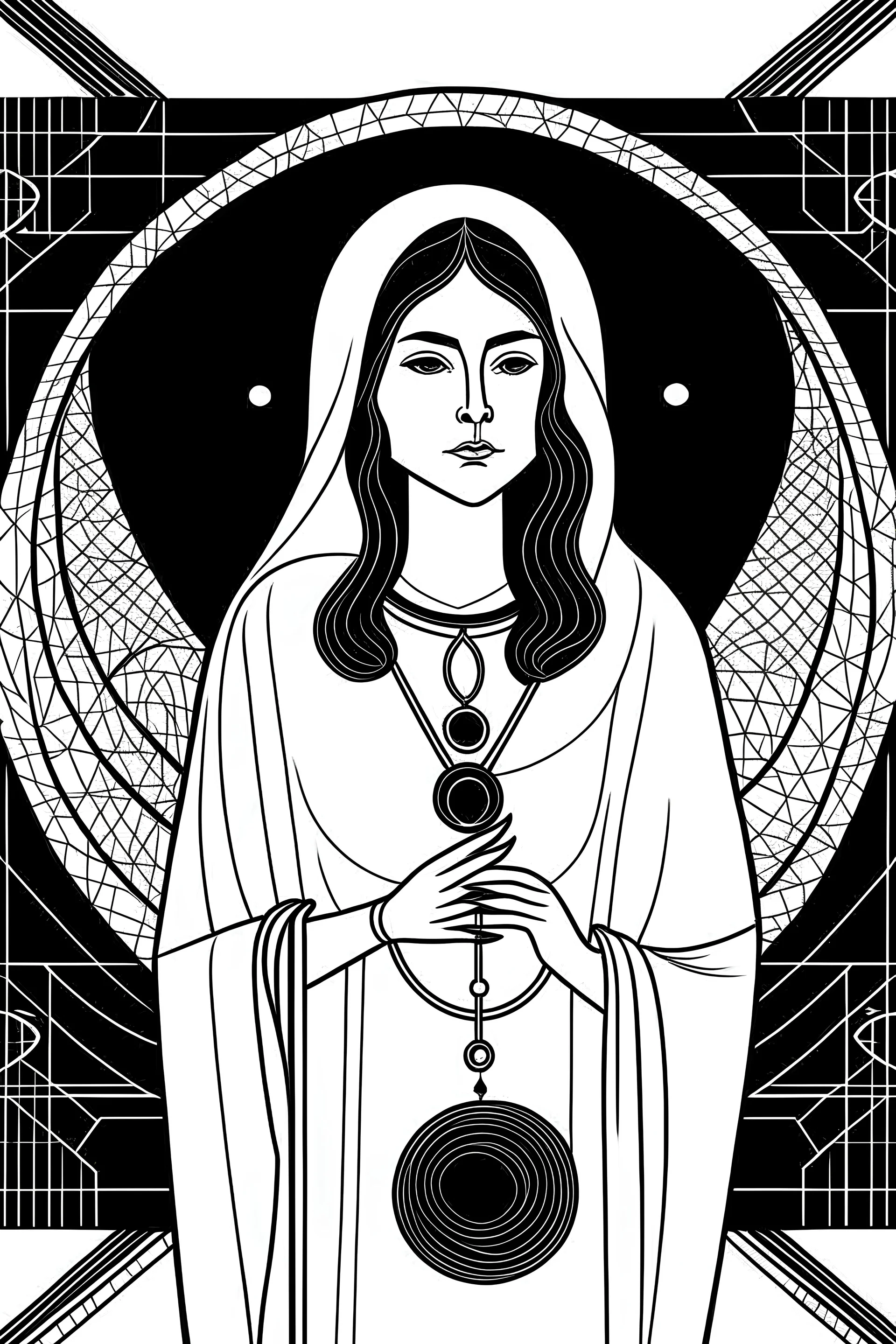 create a stereotypical woman, illustrated in the style of a tarot card, make it black and white and minimal