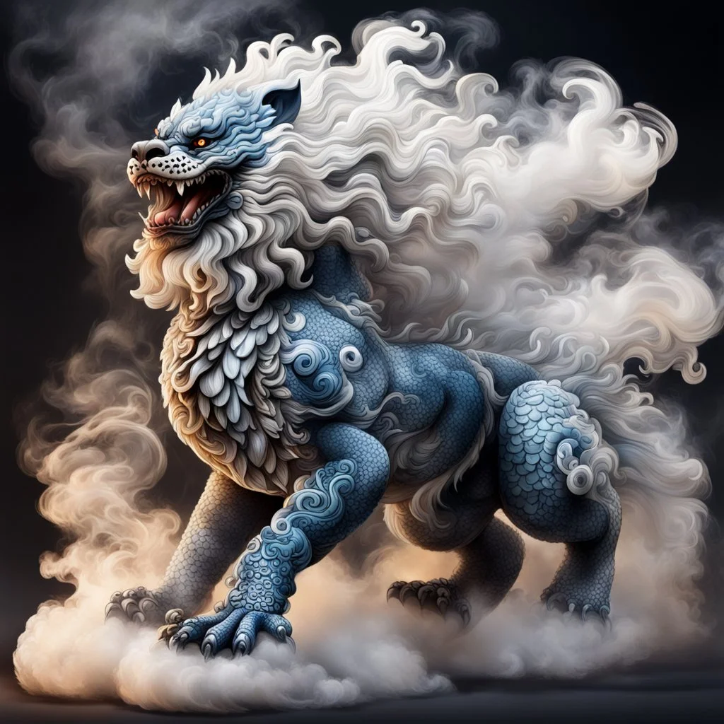 foo dog dragon with curly white fur, smokey breath and fire, a long tail, moving forward towards viewer, wrapped in smoke