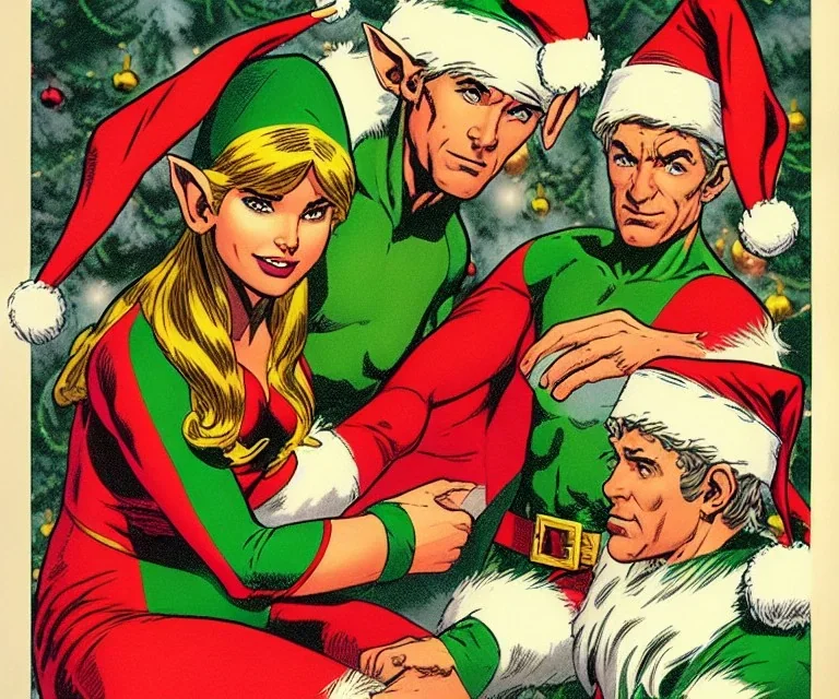 two elves. woman and man. Christmas scene. poster. marvel comic. low-key