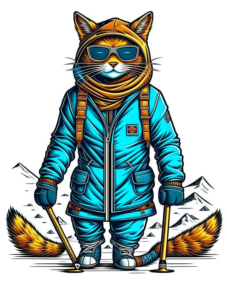 Hermosa ilustración steampunk coloreada arte lineal de un gato antropomorfico con traje de esquiador, esquiando en la nieve, calidad ultra, hiperdetallado,12k