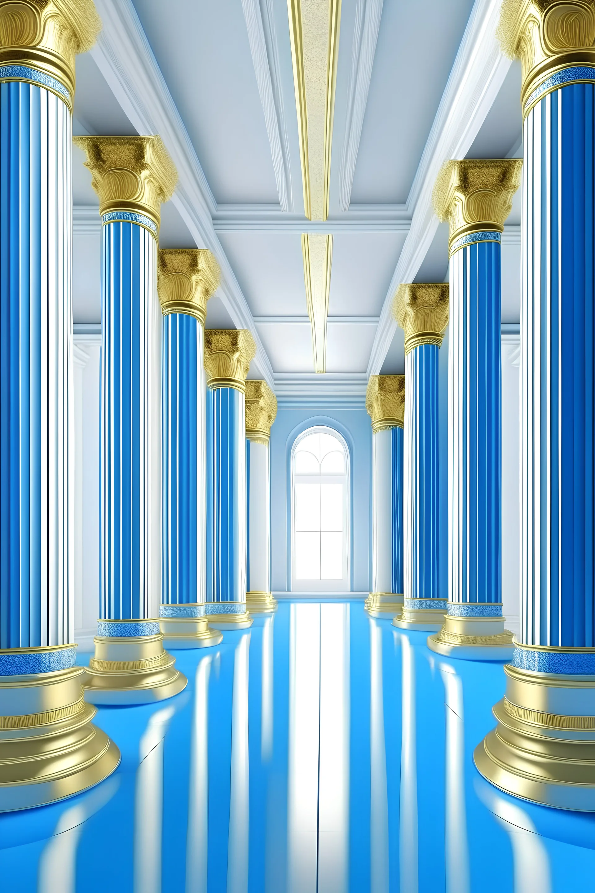 create an image of a columned hall in the Greek style. The bright hall seems to float in the air. Shades of heavenly blue and white, the columns are decorated with gold carvings.