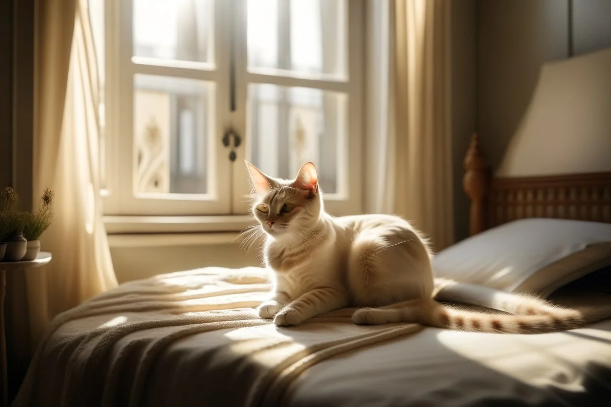 Lifelike cat-shaped bed with a cat lying on it in an elegant bedroom, bedside table, window, pictures on the walls in sunlight.