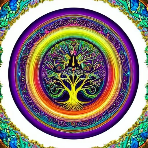 Tree of life in ornate circle of Life with muted rainbow colors as background, Tree of Life,, intricate, centered, stunning, gorgeous, ultra-fine detail, 8k, sharp, crisp, high-quality, 3d, realistic, detailed matte, selina french, anna dittmann, lisa parker, greg rutowski