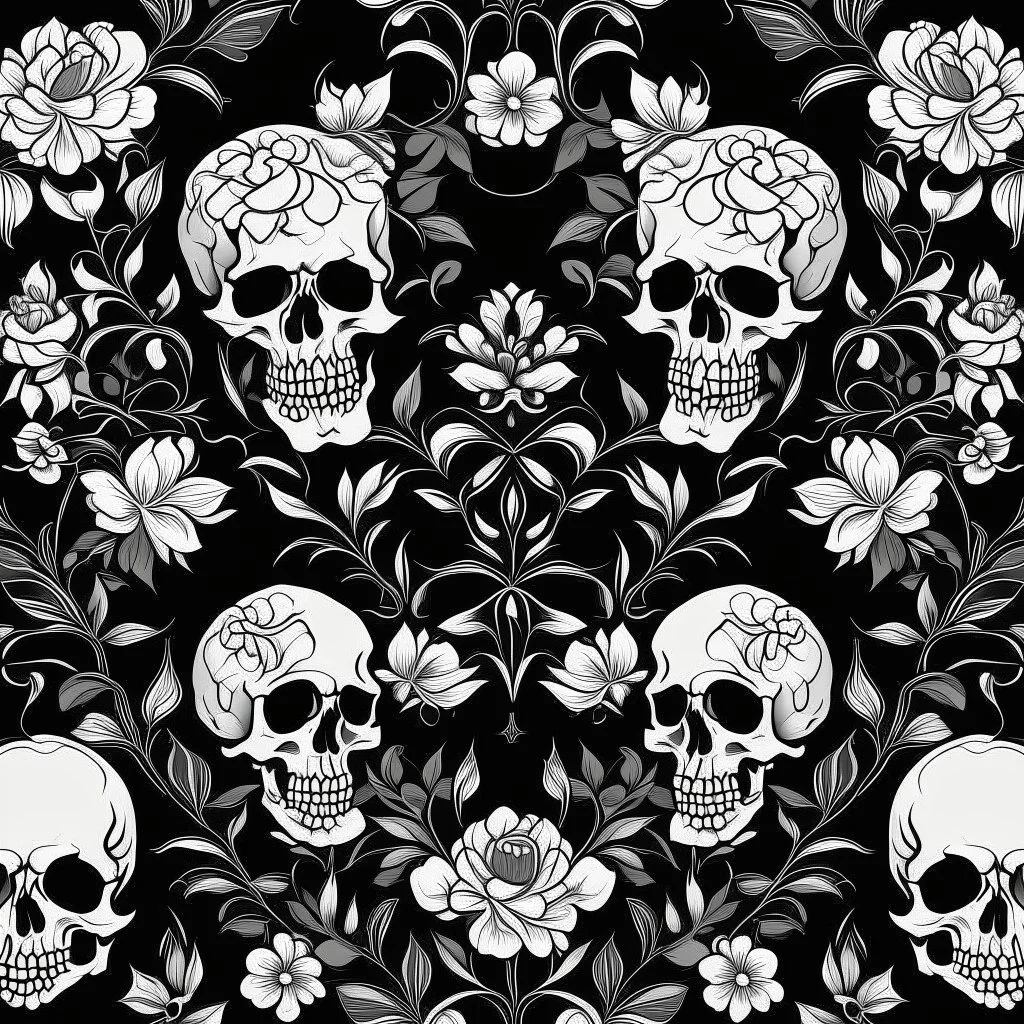 tracery of flowers, bones and skulls, black and white, Maximum minimalism