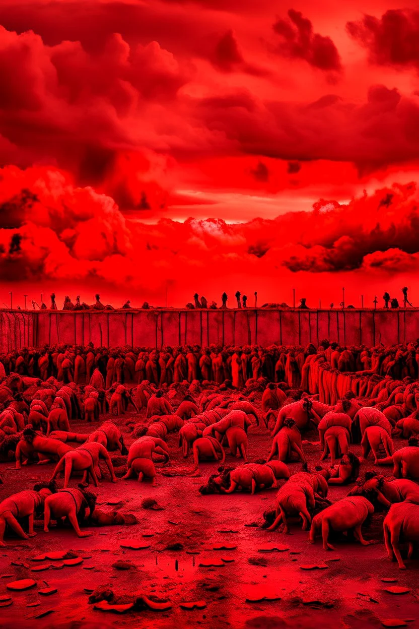 Prisoners line up in hell , red clouds in the sky with huge amount of dead children laying on the ground