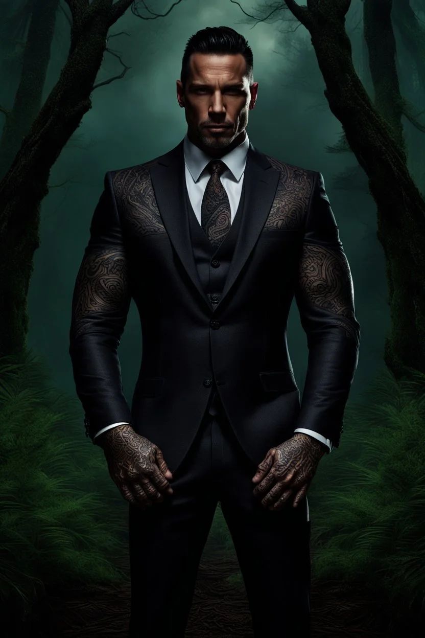 Jason David Frank Very muscular man with short hair and tribal tattoos in armani suit in forest, realistic face, close-up, dark fantasy, smoke in the sky, intricate details, hyper detailed