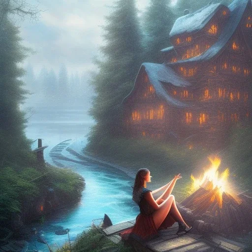 fantasy art, book illustration, upper body of grinning witch sitting by a bonfire, in the background the stairs of a dam in the magical forest ,icy water