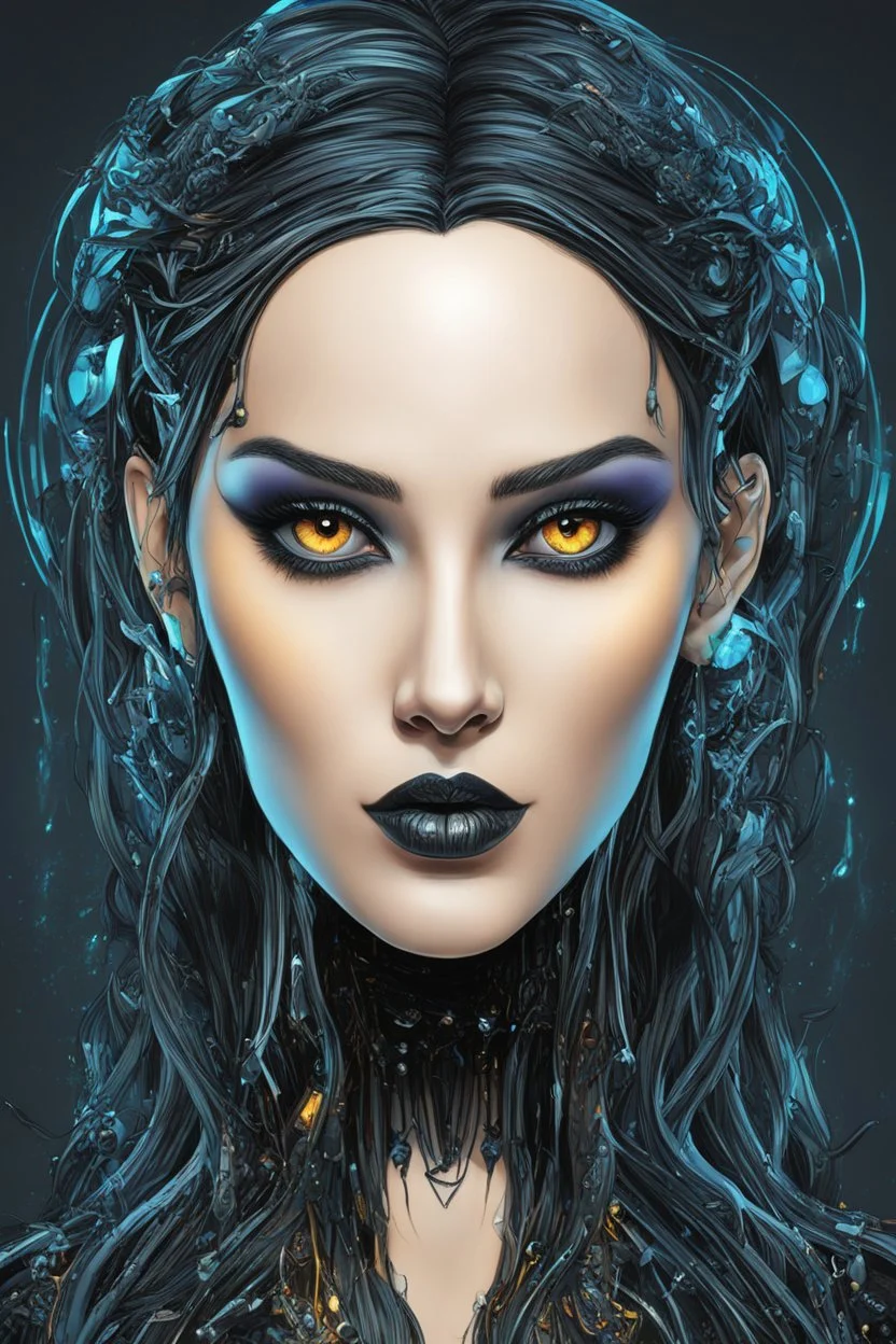 Create a wild, imaginative, full body, cybernetics enhanced goth girl with highly detailed facial features, in the vector graphic style of Nirak1,Christopher Lee, and Cristiano Siqueira, vibrant colors, sharply defined 3d vector