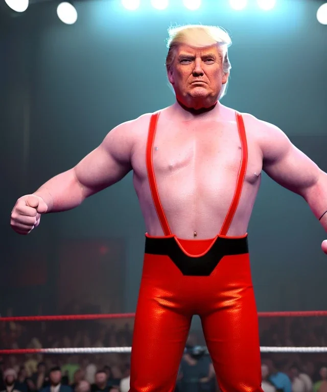 Donald trump wrestler, wrestling, lights cam, suspenders, retro style, 80s, hot ambient, photo studio, red, vibrant color, gradient, highly detailed, art stations, concept art, smooth, unreal engine 5, god rays, ray tracing, RTX, lumen lighting, ultra detail, volumetric lighting, 3d, finely drawn, high definition, high resolution.