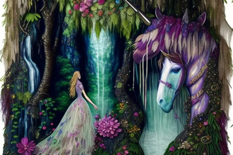 A beautiful fairytale magical composition of a rainforest with a waterfall, a masterpiece, patchwork-like, made of different materials: tulle embroidered with precious stones, lace and real pearls, silk, velvet, burlap, faux fur with leopard print. Unicorn, flowers