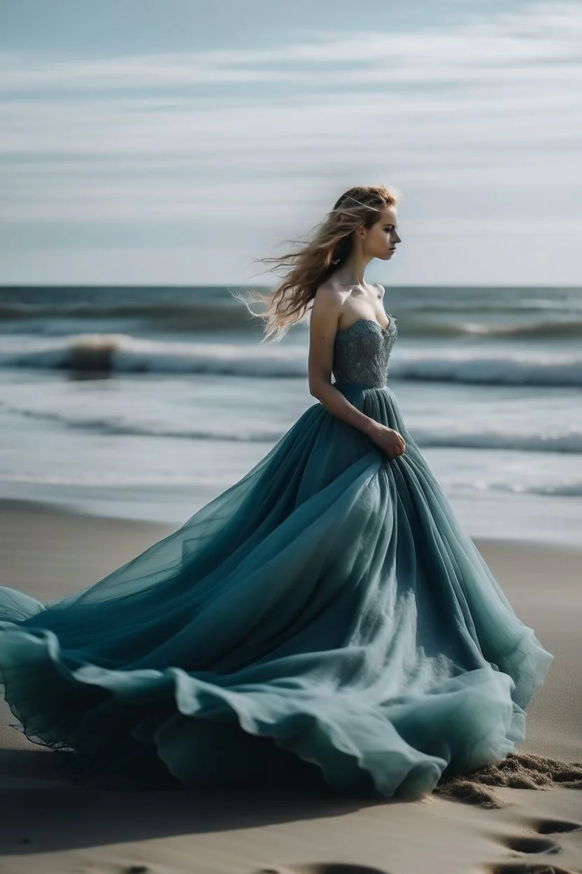 woman wearing a ball gown on the beach