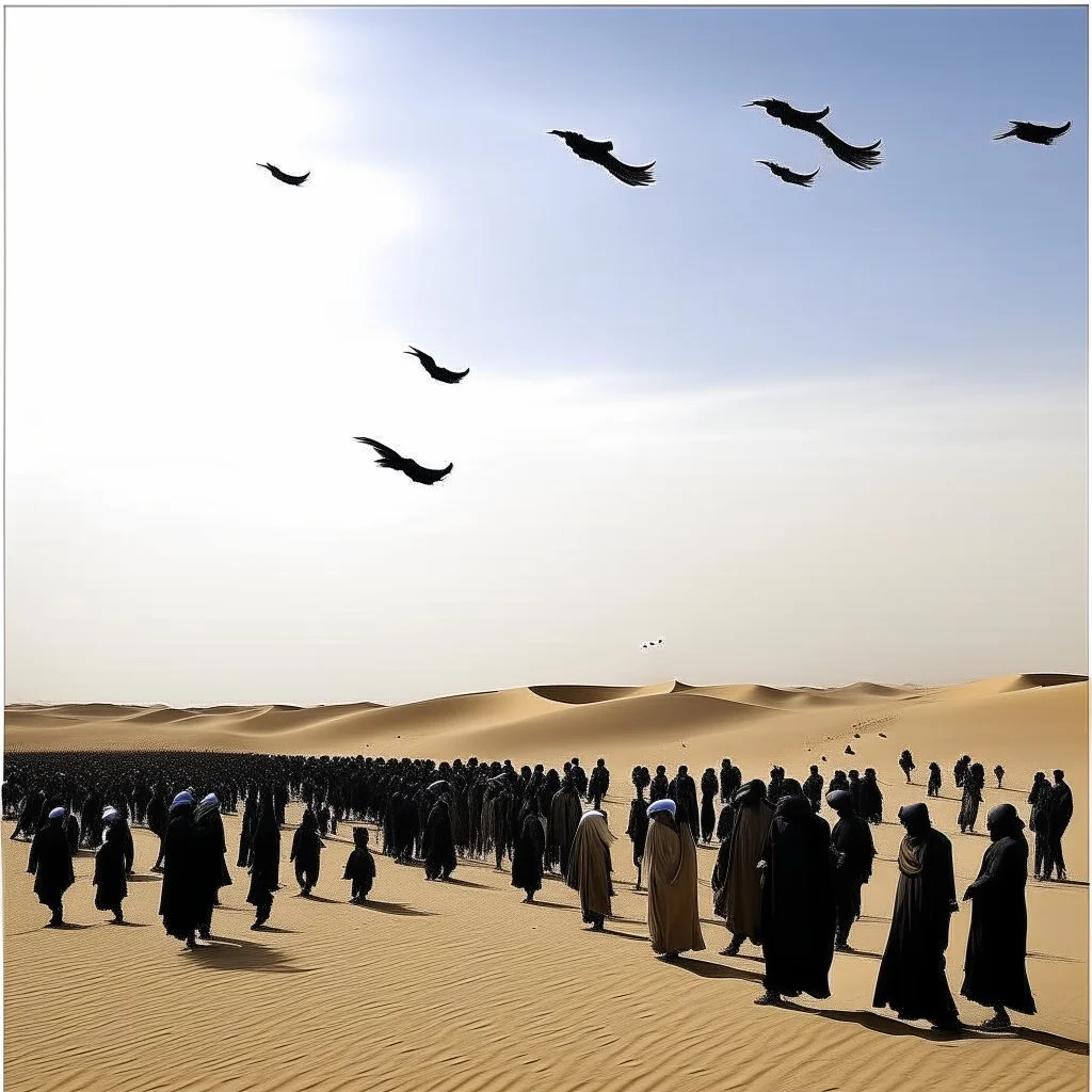 الحج, people in the desert above thim a black crows hovering
