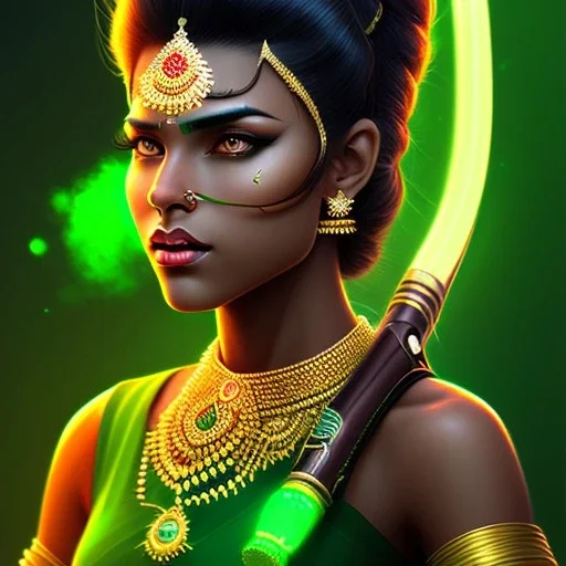 personnage de fantaisie, féminin, indienne, peau sombre, 1 mèche verte