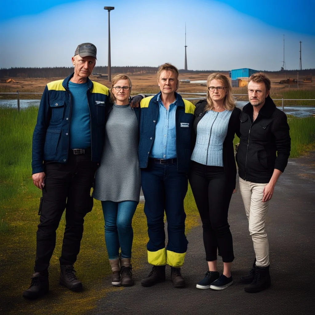 people posing in front of Volvo factory Simon Stalenhag style