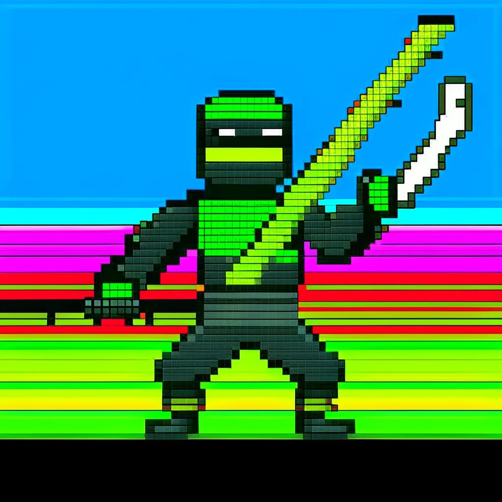 a pixel art-style, simple 64-bit Ninja with a rainbow outfit, retro gaming shinobi graphic style