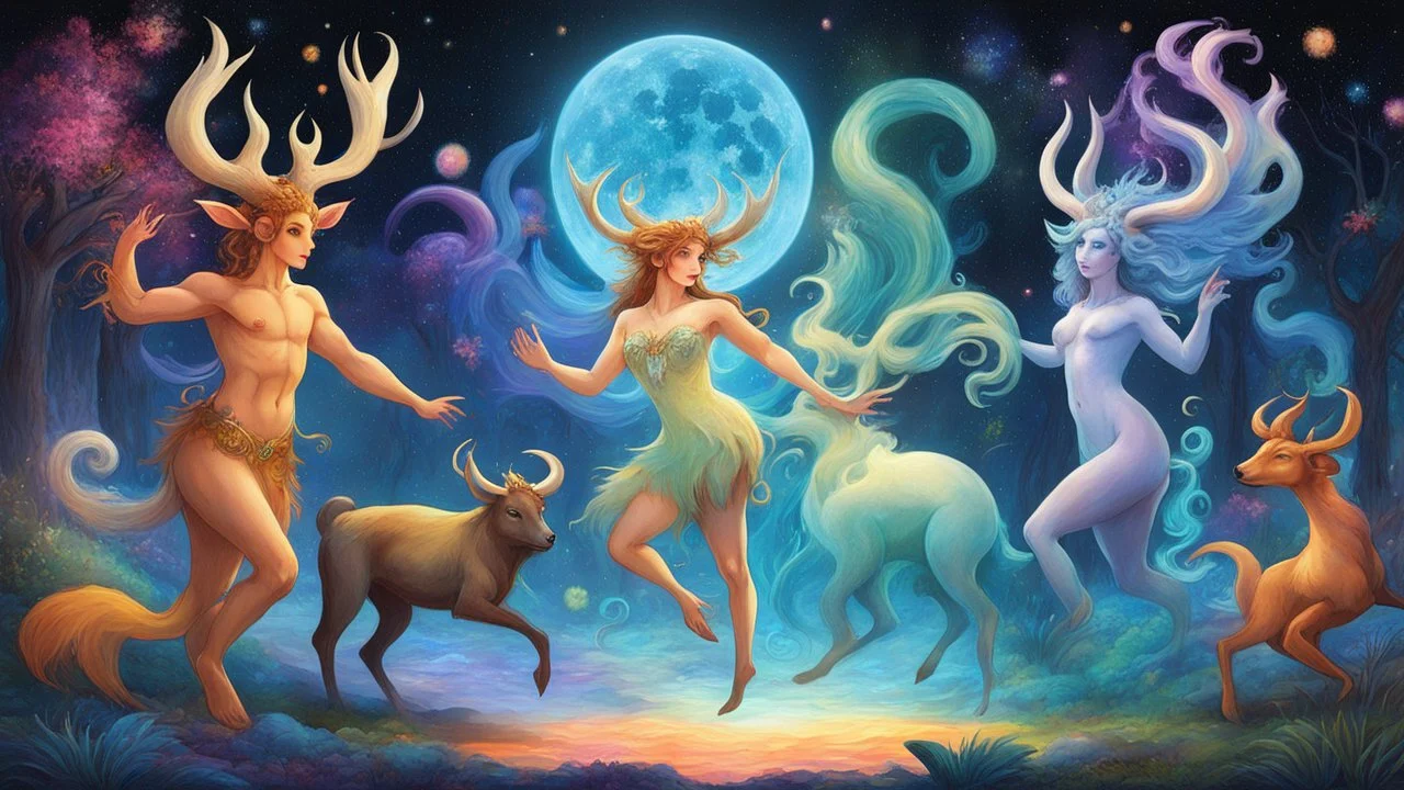 a line of creatures, all from the same species, immersed in a trippy, mind-bending realm. From left to right, the faun dances in swirling colors, a female faun shimmers ethereal. Male satyr pulsates with surreal energy, female satyr glows dream-like. Centaur radiates cosmic wisdom, ethereal female counterpart transcends reality. Male minotaur adorned with shifting patterns, female counterpart mesmerizes. Each creature in the line, a surreal interpretation of the faun, satyr, centaur, and minotau
