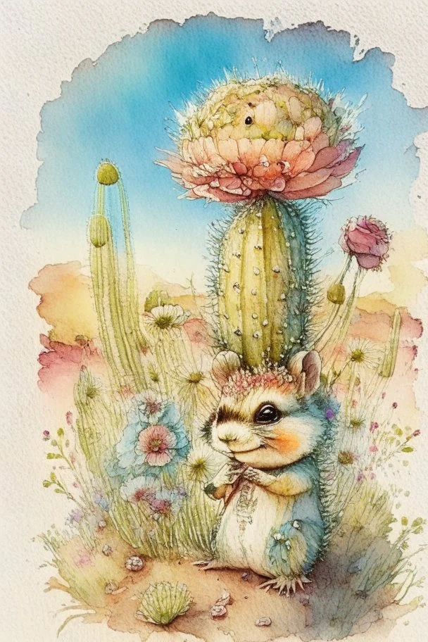 a cheerful cute furry fluffy chibi chipmunk holding a beautiful big cactus with flowers on it on the green field with flowers S<AI by Jean-Baptiste Monge, watercolor and ink, intricate details, fantasy, beautiful, award winning, colorful, fantastic view, crisp quality, in sunshine