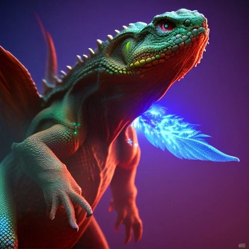 Reptile like creature, fire,wings,feathers,Ultraviolet dimension, unreal engine 5, 8k resolution, attractive, realistic, ultra detailed