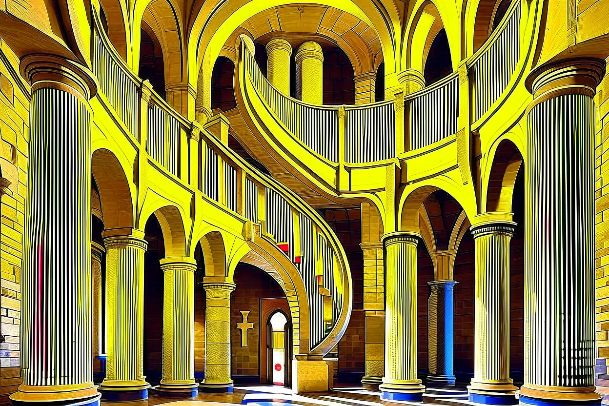 arches arranged in a semicircle, in the middle a slim round tower with an external spiral staircase, symmetrical, by artist "de Chirico",by artist by artist "Escher"