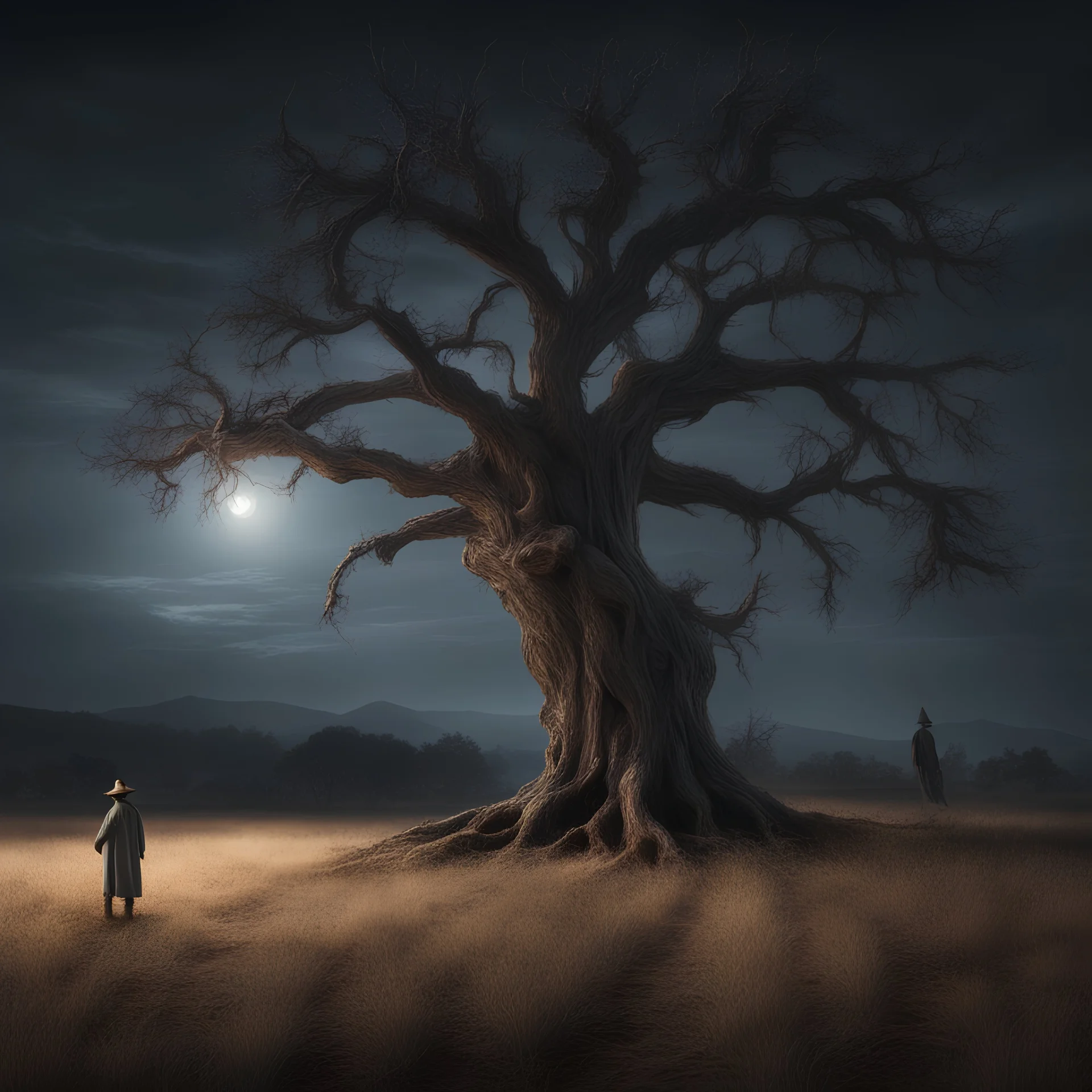 Hyper Realistic Field & dry old tree at night with scarecrow