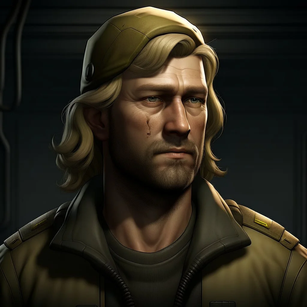 The submarine mechanic Blicke Blocknyckel, a blonde man with a mullet and muttonchops beard realistic grimdark