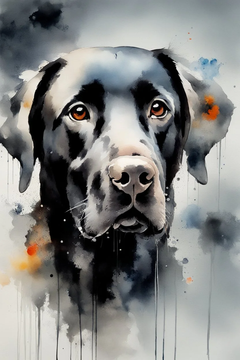 A portrait of black Labrador by Willem Haenraets, watercolor, wet on wet and splattering techniques, centered, perfect composition, abstraction, surrealism