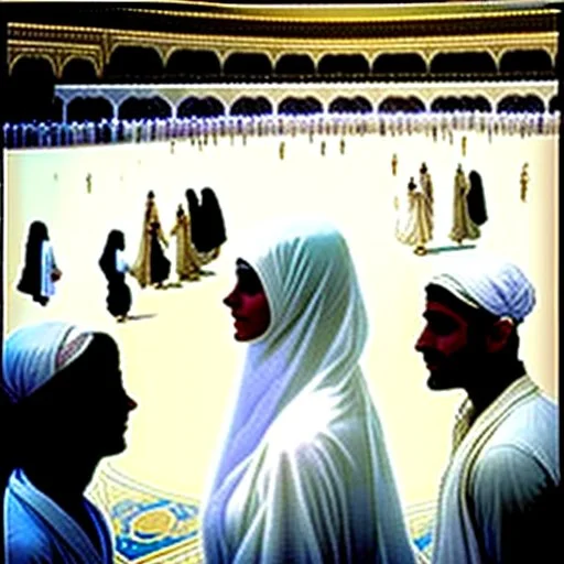 The scene in Mecca: People wearing white Ihram clothes, men without head coverings, women with veils, circumambulating around the Kaaba, and above them are transparent white spirits of children, men, and women with wings revolving around the Kaaba.