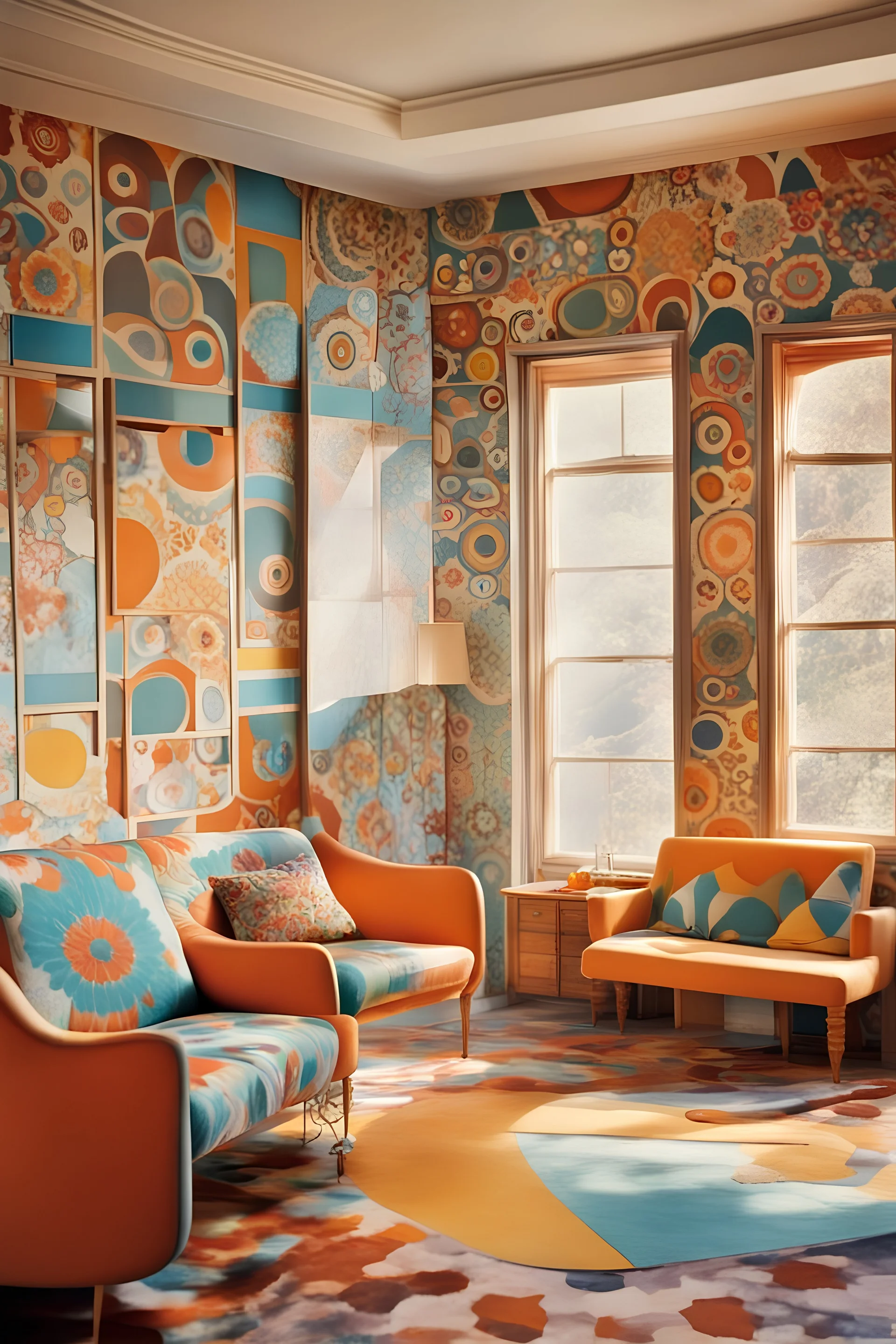 A vintage room embodying the essence of the 1970s, complete with (((retro furniture))), colorful patterns, and (sunny afternoon light streaming through open windows)